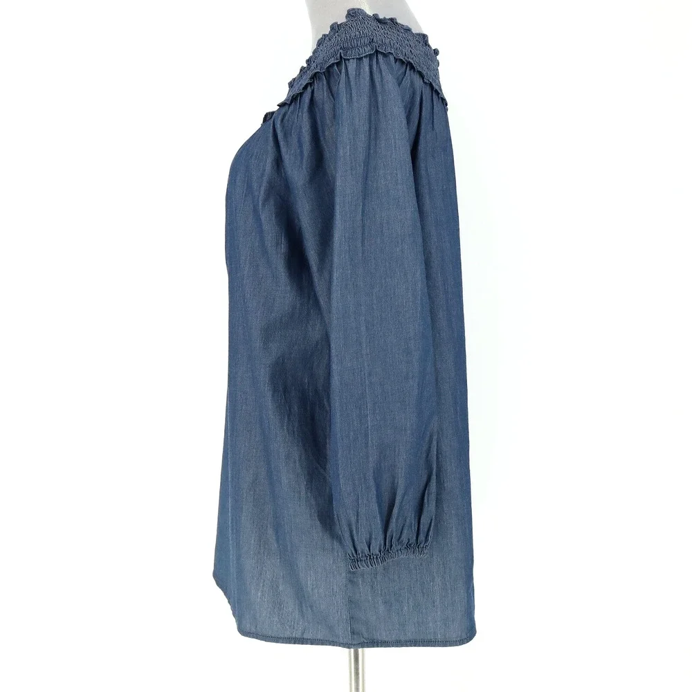Chicos Top 1 Womens Medium 8 Blue Cotton Off Shoulder Blouse Boho Romantic - Picture 5 of 13